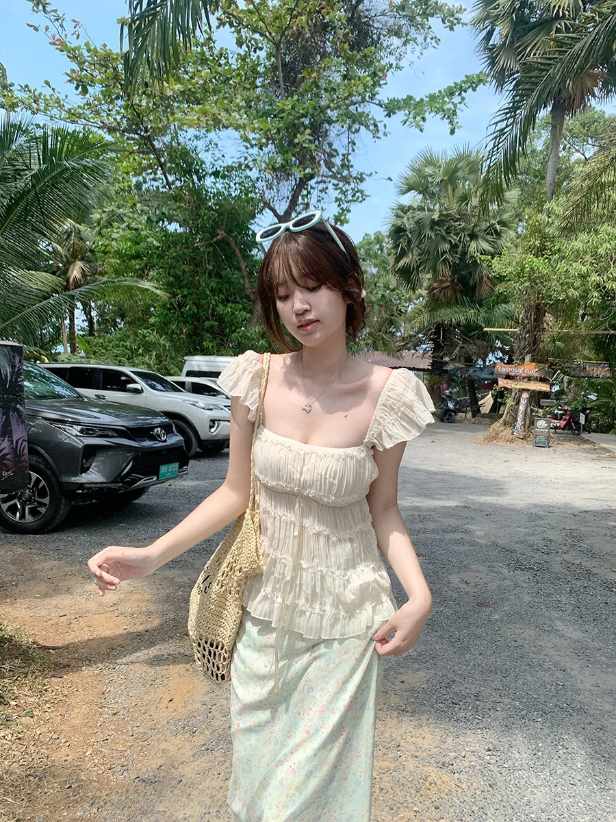 

CallmeEar Coconut Evening Wood Design Doll Shirt Women Summer Pure Desire Short Sleeve Drawstring Top Casual Style