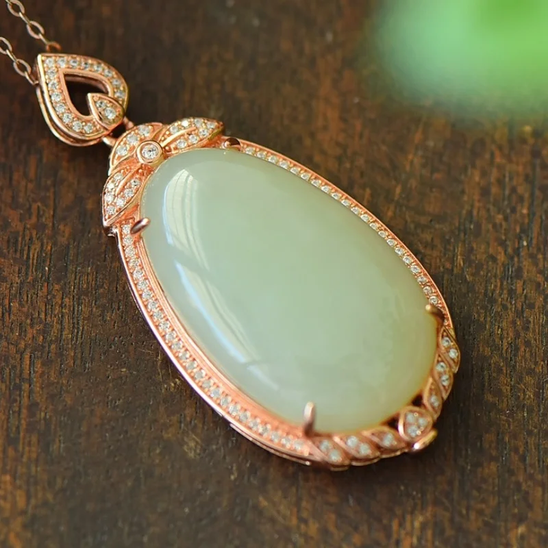 SGARIT Natural Hetian White Jade S925 Silver Large Oval Pendant 21*45mm Exquisite Design Fine Texture Fashion Versatile Jadeite