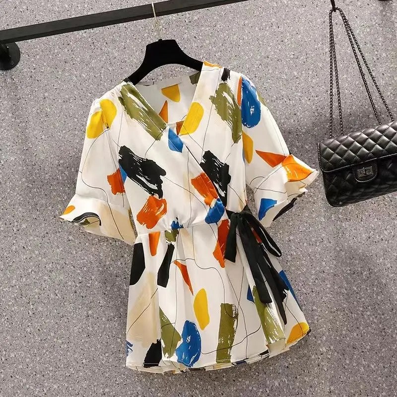 Blusa holgada de manga corta con cuello en V para mujer, camisa con cordones de talla grande, estampado, combina con todo, Estilo Vintage e informal, novedad de verano