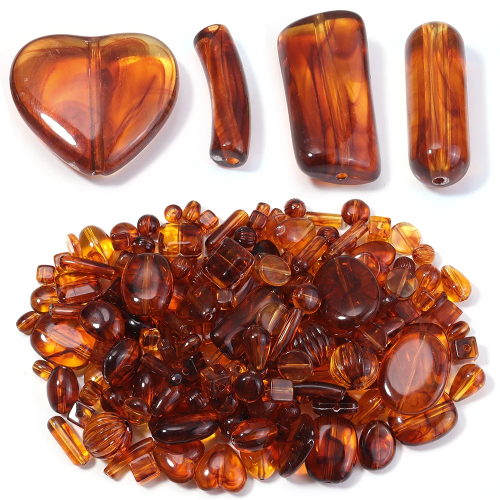 10-100Pcs/Lot Irregular Amber Acrylic Beads Pumpkin Round Disc Heart Shape Loose Spacer Beads For Jewelry Making DIY Accessories