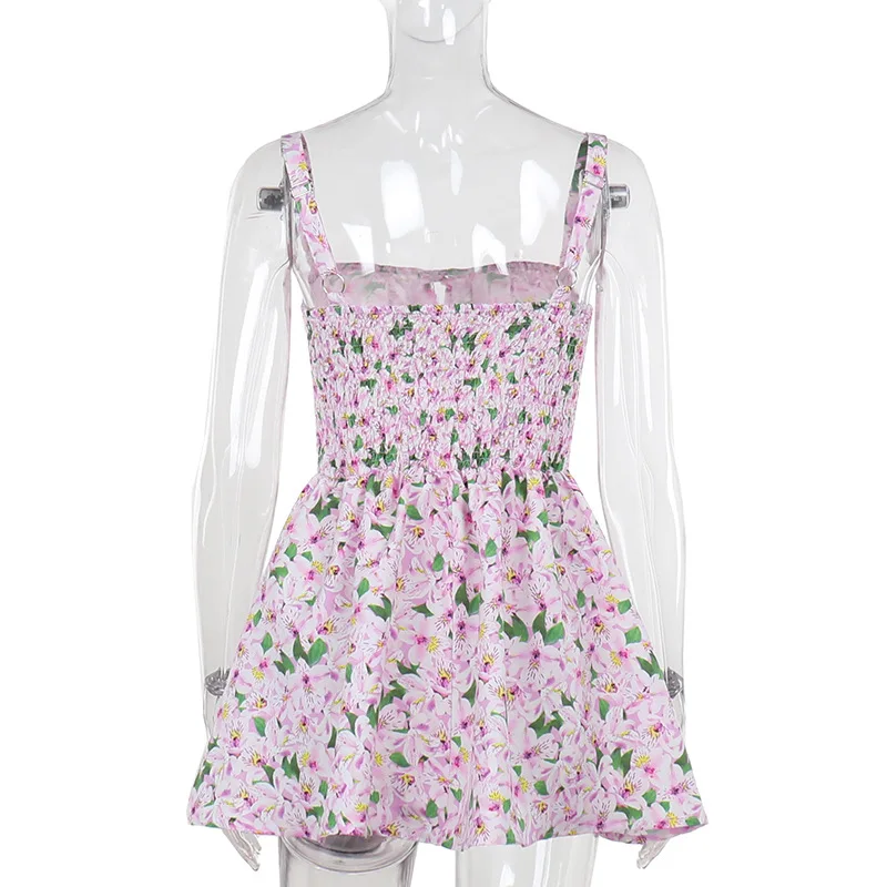 Rosa Blumenmuster-Slip-Kleid für Damen, Sommer, sexy, ärmellos, A-Linie, hohe Taille, kurze Kleider, Urlaub, Strand, Sommerkleid, 2025, Neu