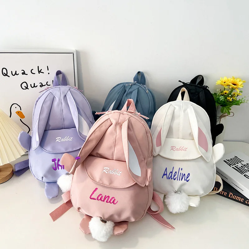 Mochila de coelho personalizada com nome bordado para crianças, Saco de escola bonito dos desenhos animados, Saco de Páscoa personalizado para bebê