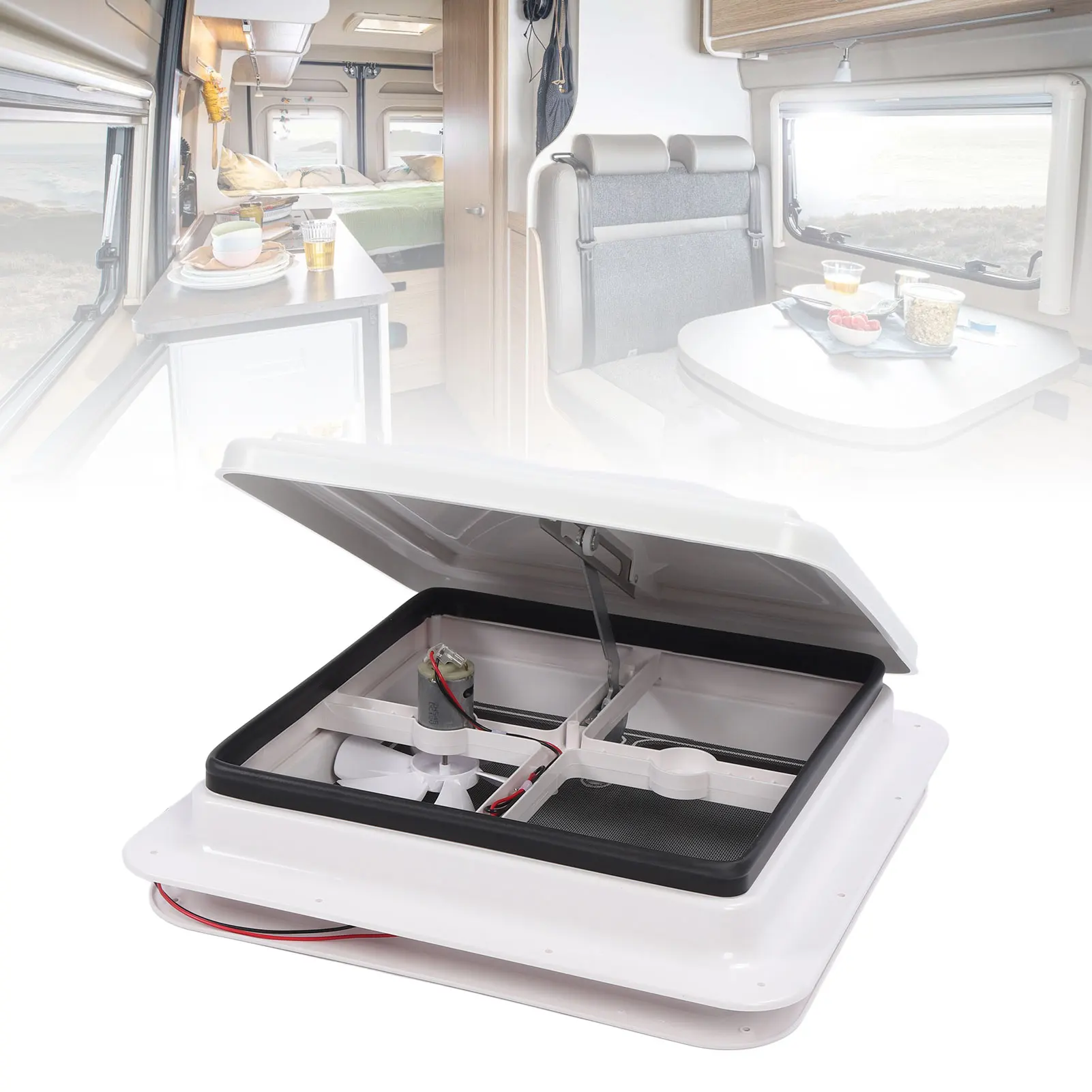 فتحة تهوية سقف RV مقاس 13.39 × 13.39 مع شاشة طيران وقضيب داعم ومروحة تهوية سقف متنقلة مقاومة للماء #6