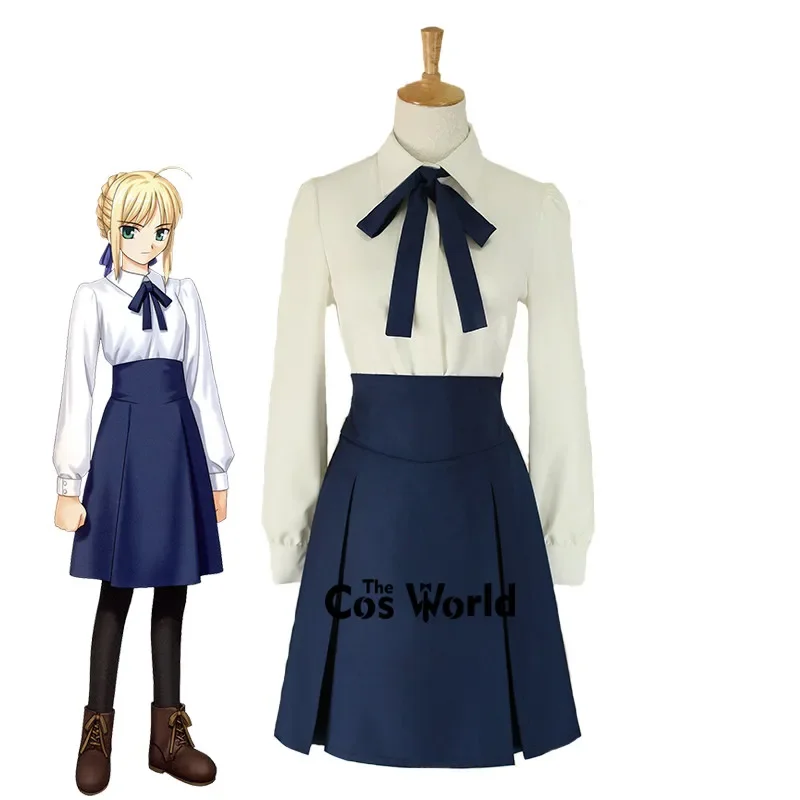 Fate/stay night Artoria Pendragon Saber Casual High Waist Skirt School Uniform Outfit Anime Cosplay Costumes