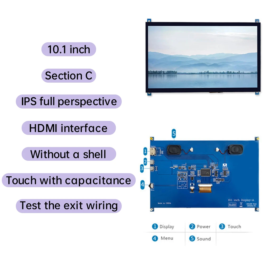 10.1 Inch LCD Display Screen Module for Raspberry Pi 3B 4B 5B HDMI 1024*600 IPS HD Full Viewing Angle with capacitance Touch