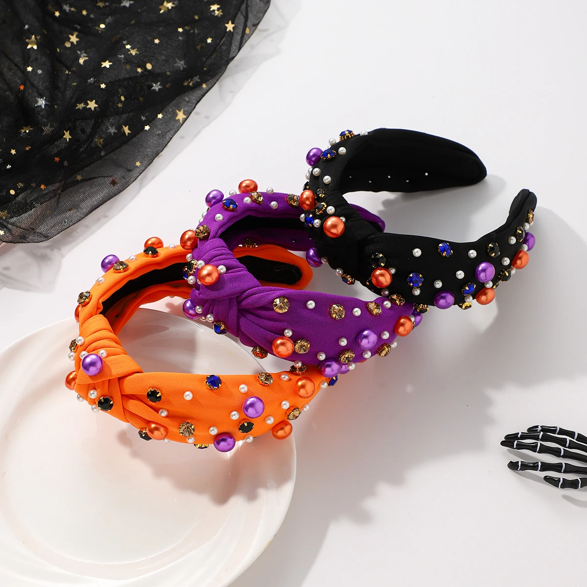 

Halloween Themed Headbands For Women With Diamonds Rice Beads Letters Skull Accessories Hair Band Holiday Hair Accessories Gifts