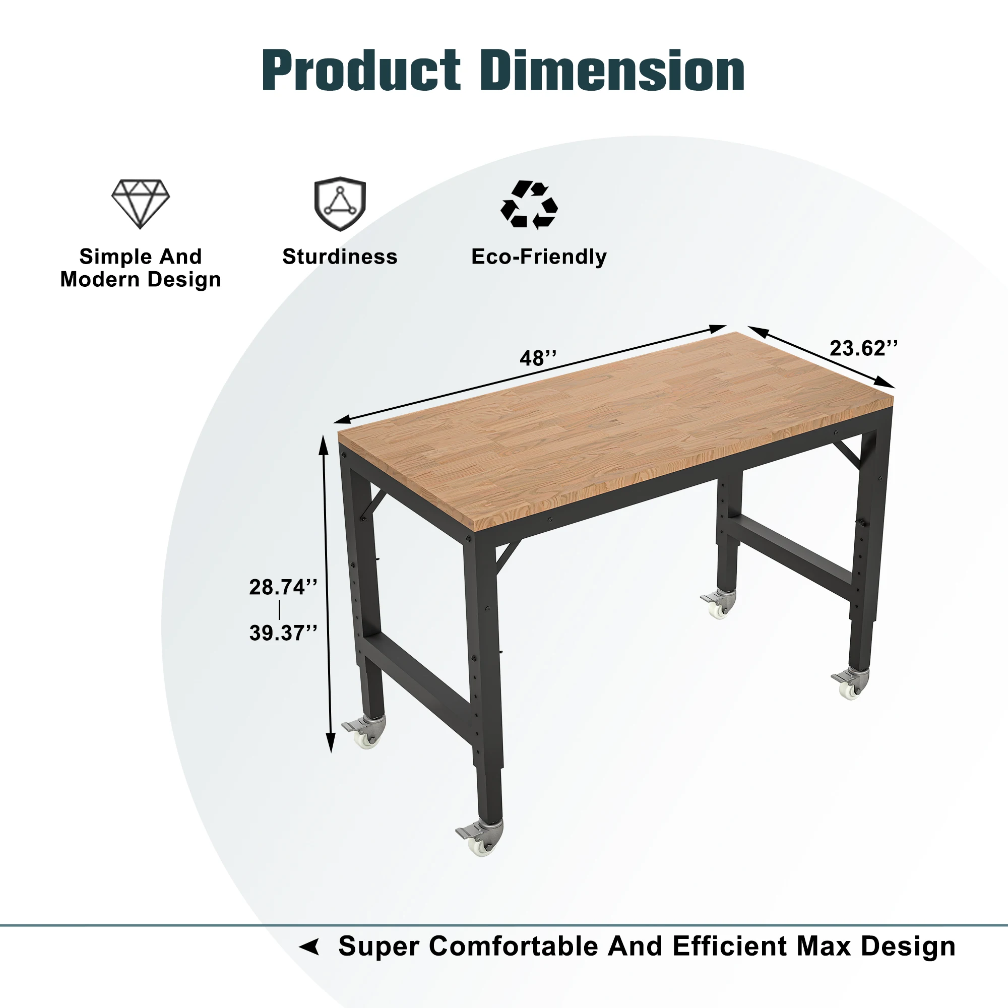 48" Heavy-Duty Adjustable Workbench for Garage, Rubber Wood Shop Table with Metal Wheels, Hardwood Work Benches over 2000 Lbs