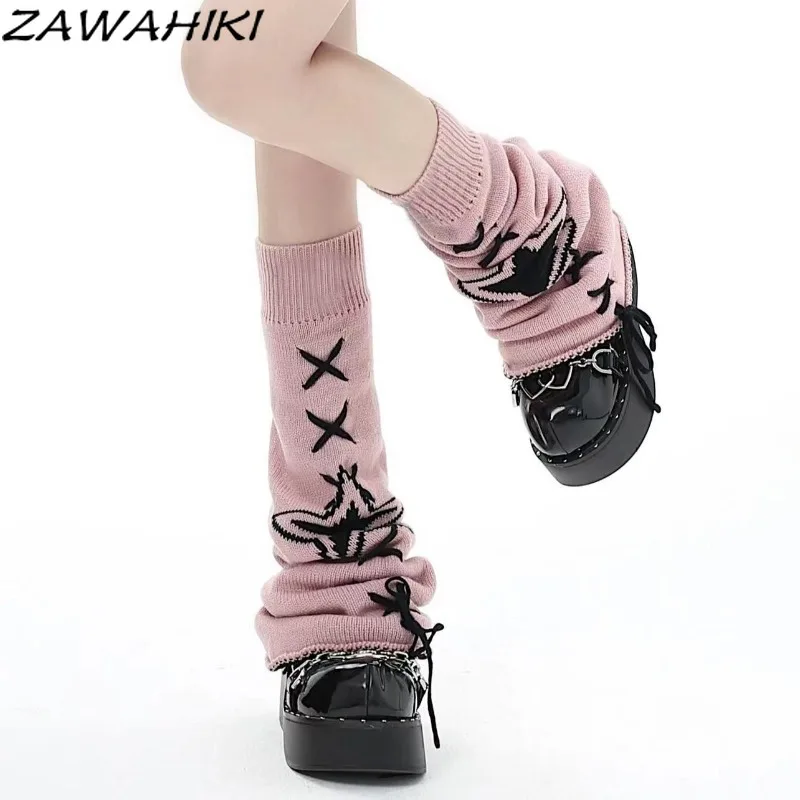 Japanese Long Knitted Sock Covers for Women Bandage Contrast Color Keep Warm Pile Socks Fashion Harajuku Preppy Leg Warmers