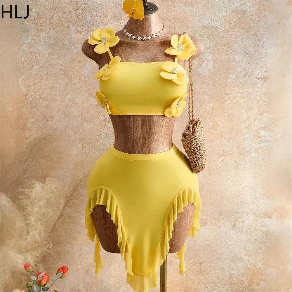 

HLJ Solid Yellow 3D Floral Applique Two Piece High Waist Bikini Set Ladies Spaghetti Strap Crop Top and Bodycon Skirt Swimwear
