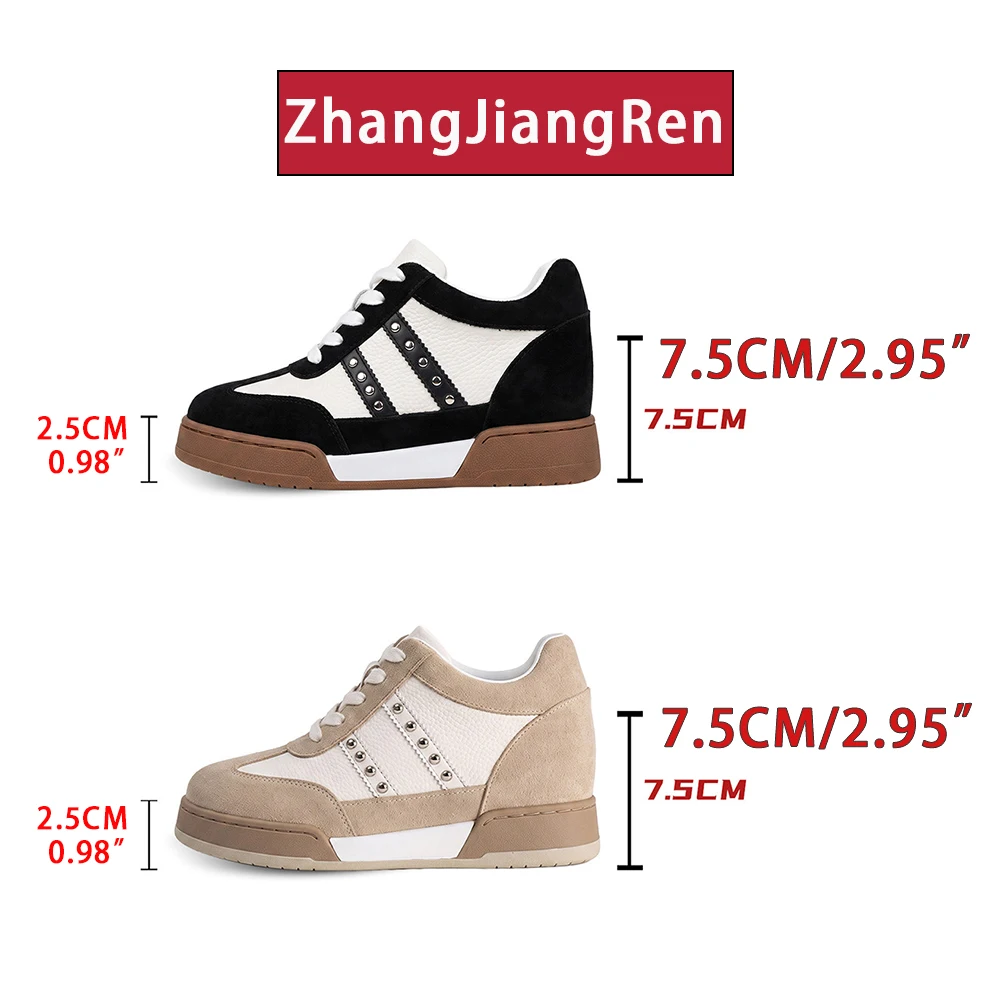 ZJR 7.5cm Lightweight Elevator Shoes Women's Hidden Wedge Sneakers Genuine Leather Height Increasing Shoes with Arch Support
