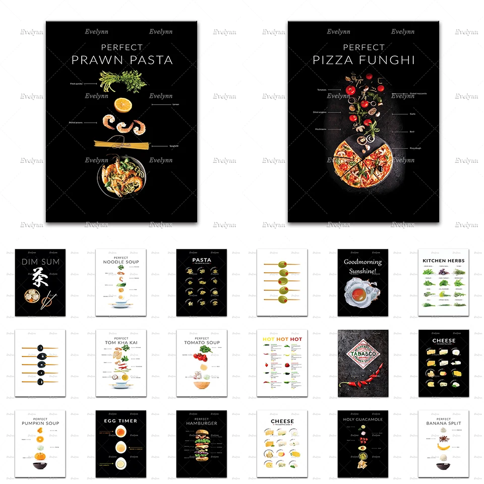 Hamburger Prawn Pasta Guacamole Dim Sum Tomato Soup Pizza Fried Egg Tabasco Cheese Food Recipe Poster Kitchen Wall Art Print