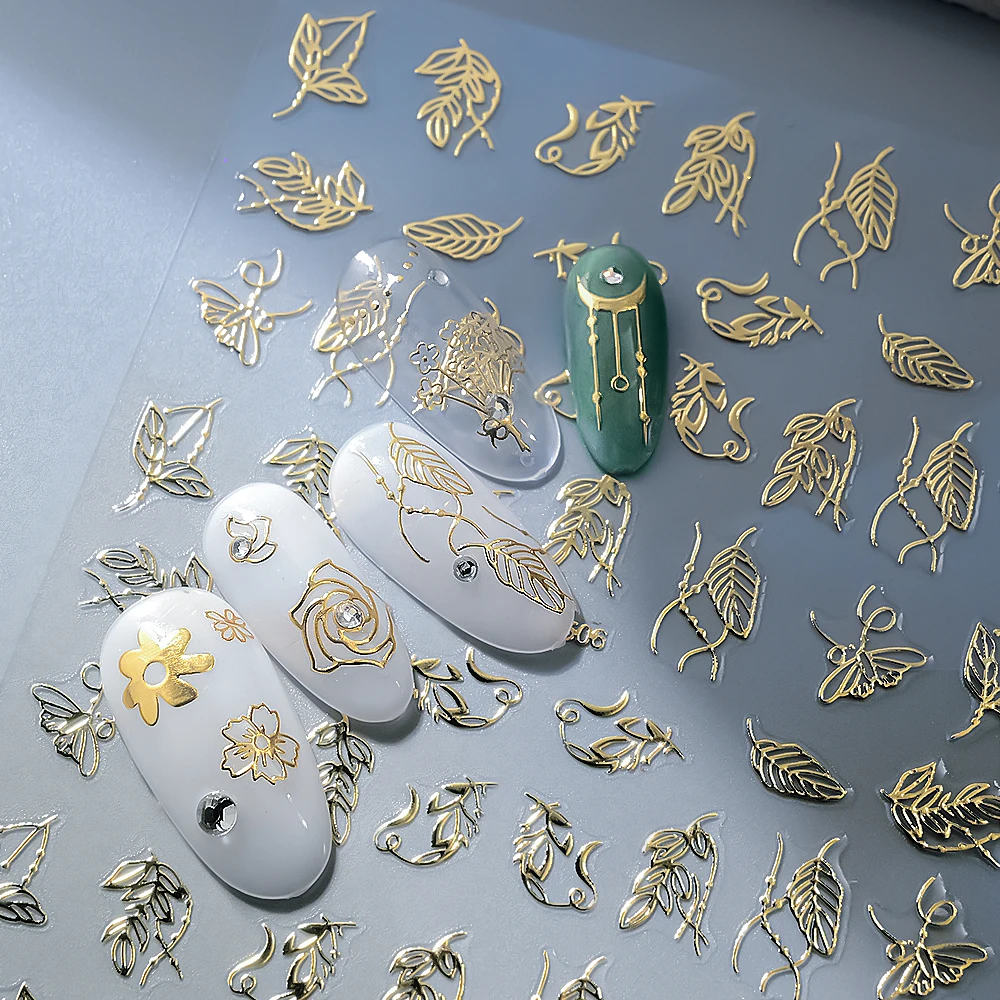 3D ﻿Golden Thread Leaves Floral Nail Art Stickers New Bronzing Vintage Texture Flowers Self-Adhesive DIY Manicure Decal Decorati