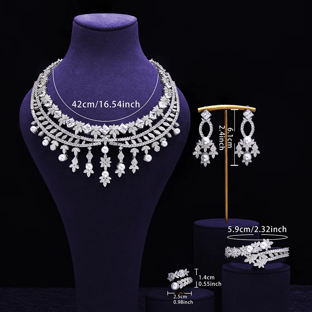 Women 4Pcs Jewelry Set Copper Zircon Pearl Tassel Clavicle Choker Necklace Earrings Bracelet Ring Light Luxury Christmas Gifts