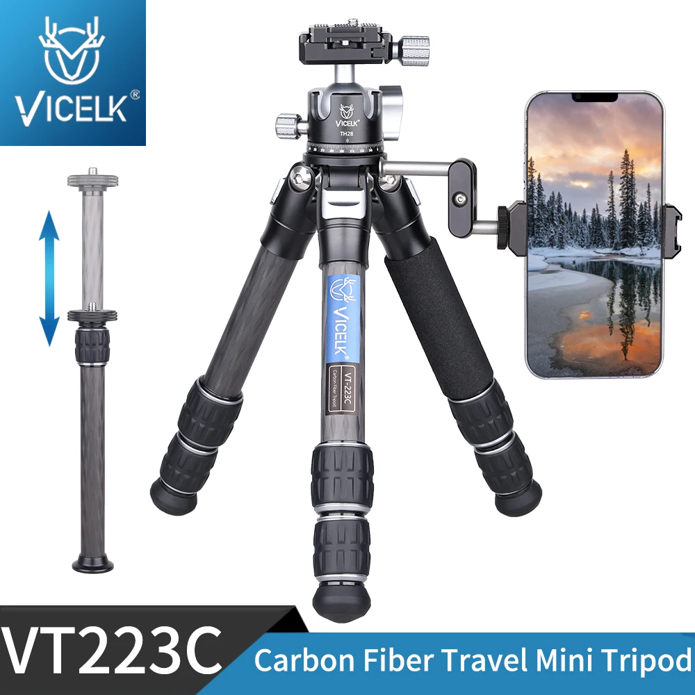 

VT223C+TH28 Carbon Fiber Mini Lightweight Compact Tabletop Tripod with Magic Arm and Phone Clip for for Mobile Phone,Camera,DSLR