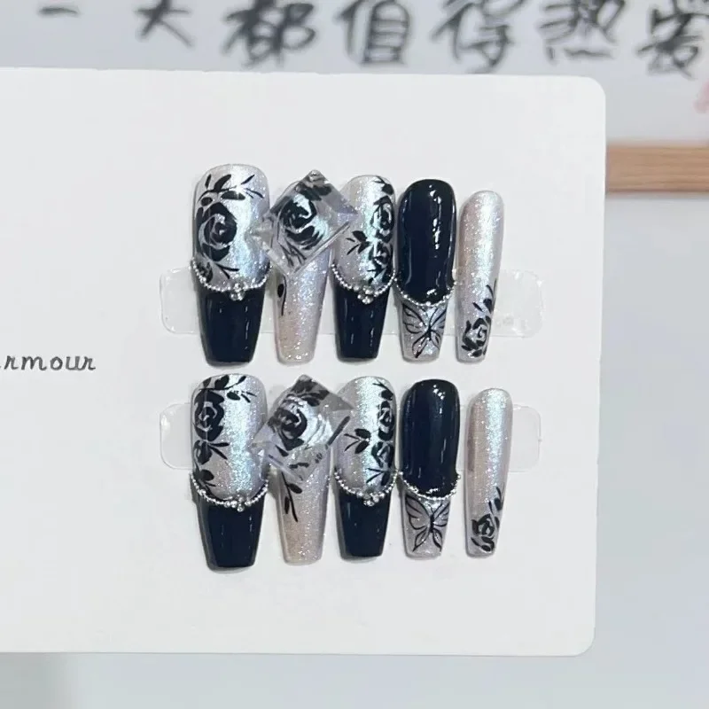 Black Rose 10Pcs /Set Full Cover False Nails Press on Nails Fake Nails Diy Pure Handmade Removable French White Square Diamond