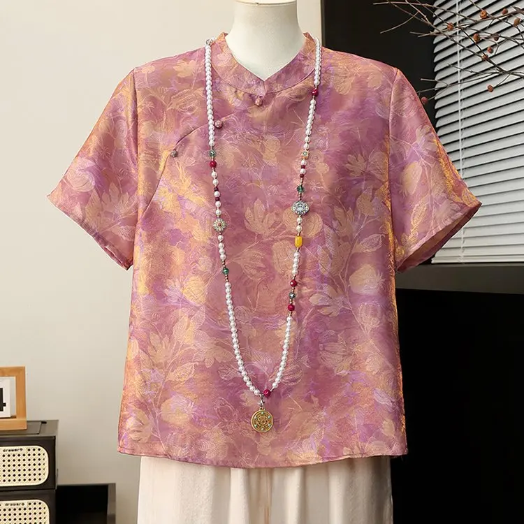 Summer New Simple Mom Outfit Top for Women Chinese Style Standing Collar Short Sleeved Shirt Retro Cheongsam Top