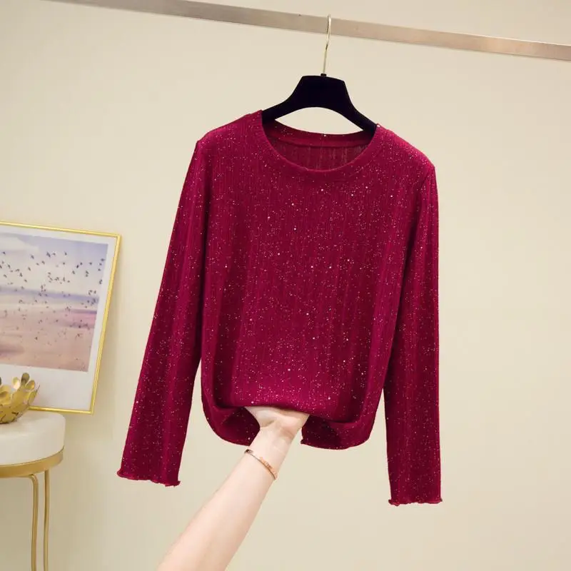 Spring and Autumn Women\'s Loose Pullover Round Neck Solid Fit Knitted Long Sleeve Underlay Fashion Casual Elegant Commuter Tops