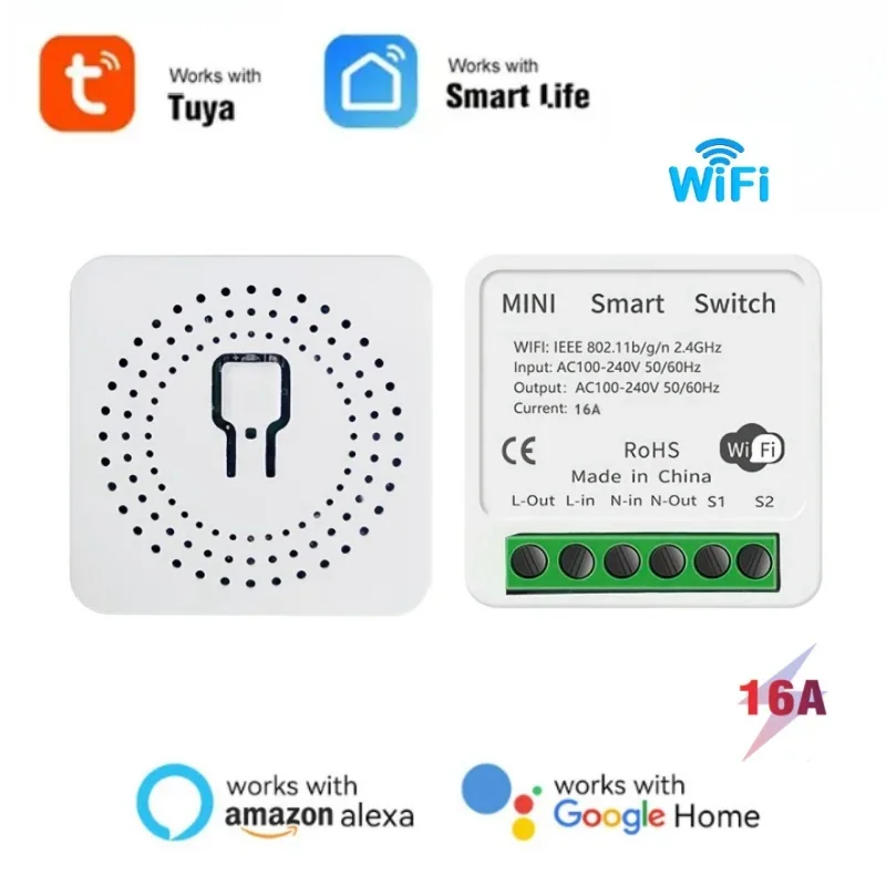 MINI interruptor Wifi Tuya 16A, temporizador de Control remoto de 1 vía, automatización de relé para Smart Life, funciona con Alexa, Google Home,