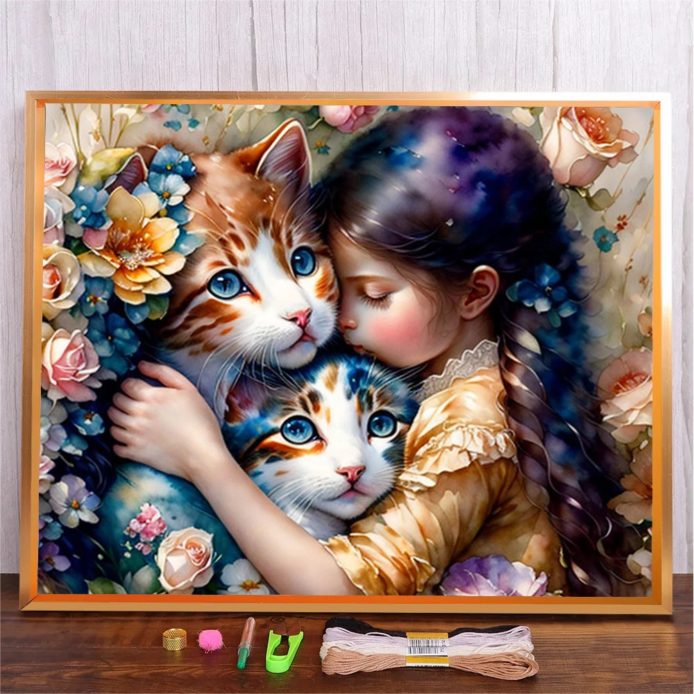 

DIY Cross Stitch Embroidery Kit Handmade Cat Girl Threads Painting Needlework Sewing Gift Home Wall Decoration For Beginners