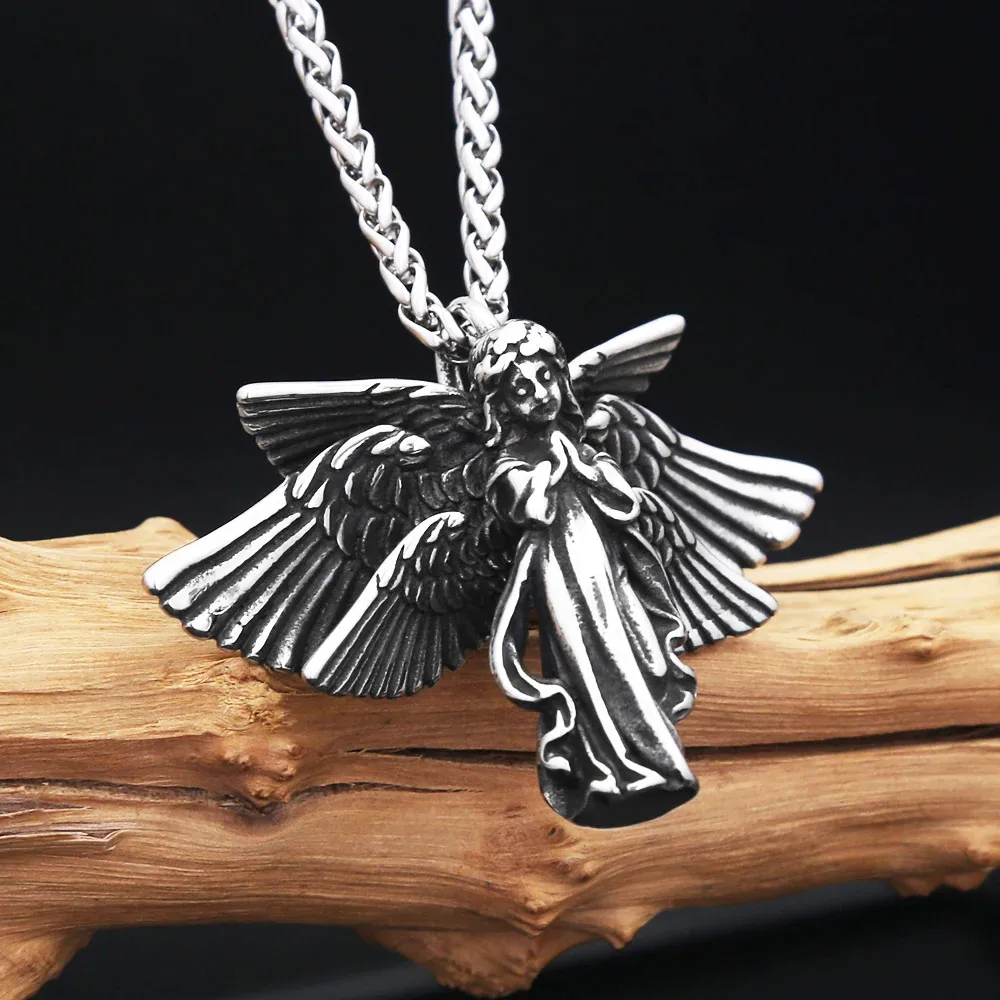 Classic Wing Guardian Angel Praying Stainless Steel Pendant Necklace Religious Amulet For Men Women Fashion Jewelry Gift