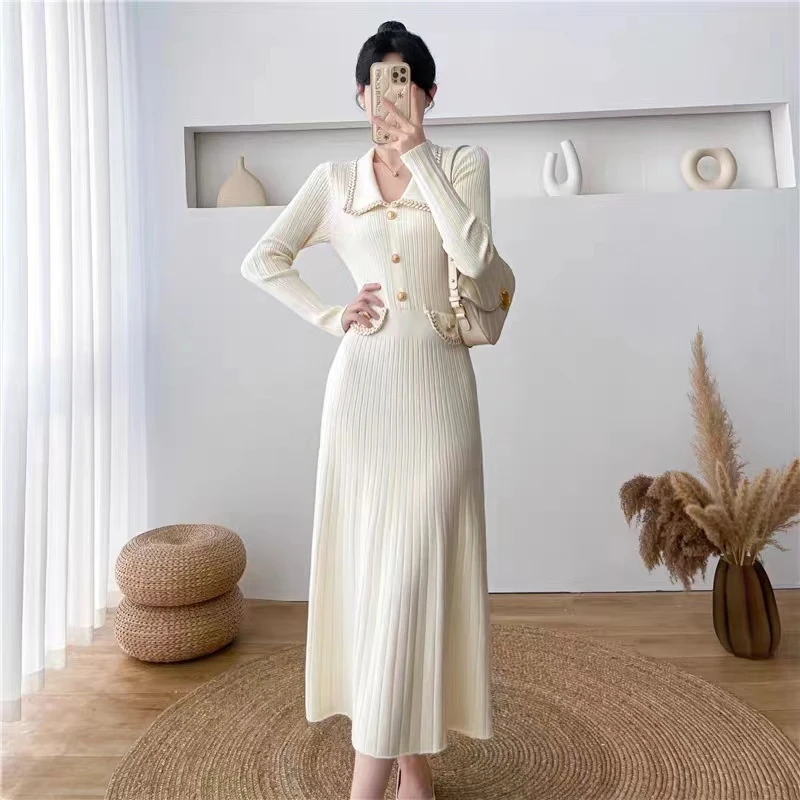 

ZAWFL Autumn Winter 2023 Slim Long Sleeve Party Midi Dress For Women Knitted Turn Down Collar Elegant Knitted Sweater Dresses