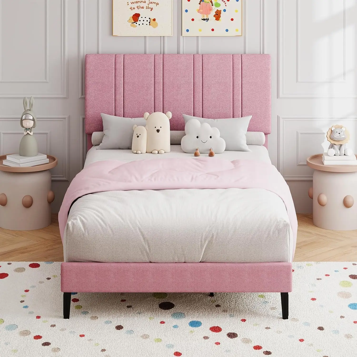 

Twin Bed Frame for Kids Upholstered Platform Bed Frame with Linen Fabric headboard Strong Wood Slats Support Modern Style No