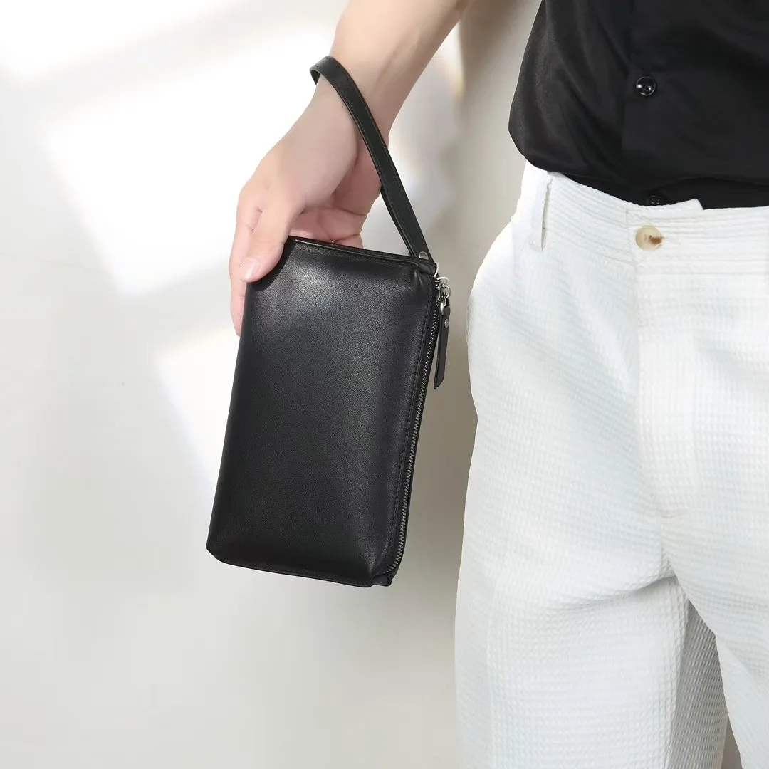 Men's Natural Grain Leather Handheld Bag Top Grain Cowhide Compact Streetwear Clutch Casual Urban Mini Bag