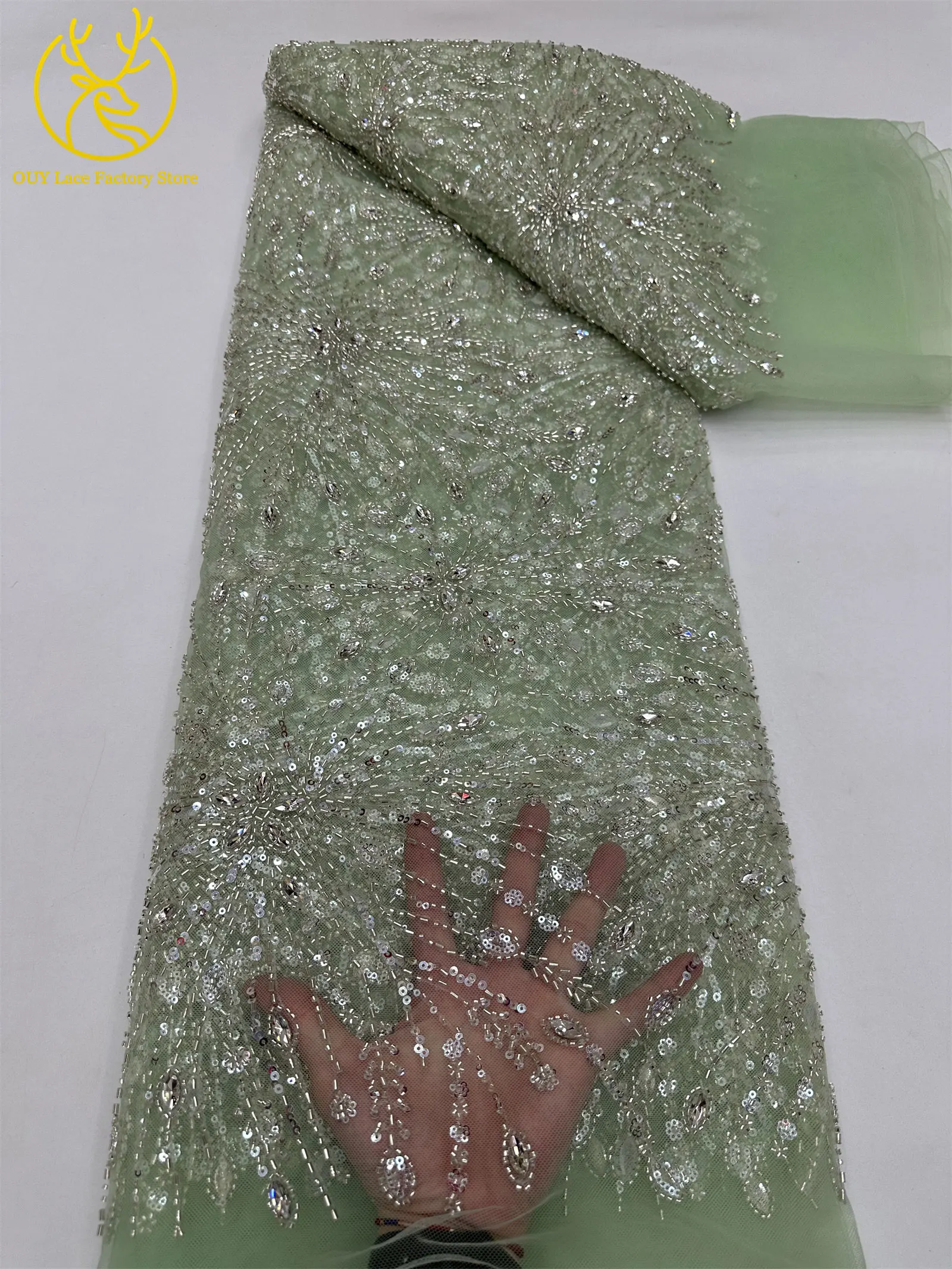 Goldene französische Edelstein-Perlenstickerei-Spitze, hochwertige nigerianische Mesh-Pailletten-Tüllspitze, afrikanischer Spitzenstoff für Damenkleider – Detail 24