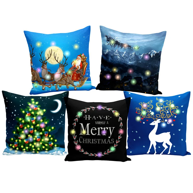 2023 Christmas Glowing LED Light Pillowcase Polyester Lantern Christmas Pillow Creative Printing Pillow Home Decor 45cm