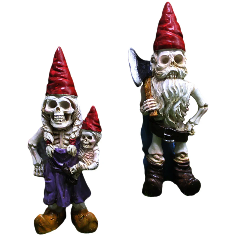 

2 Pcs Garden Gnome Statue Desk Lawn Swedish Skull Skeleton Figurine Cake Topper Halloween Decorations