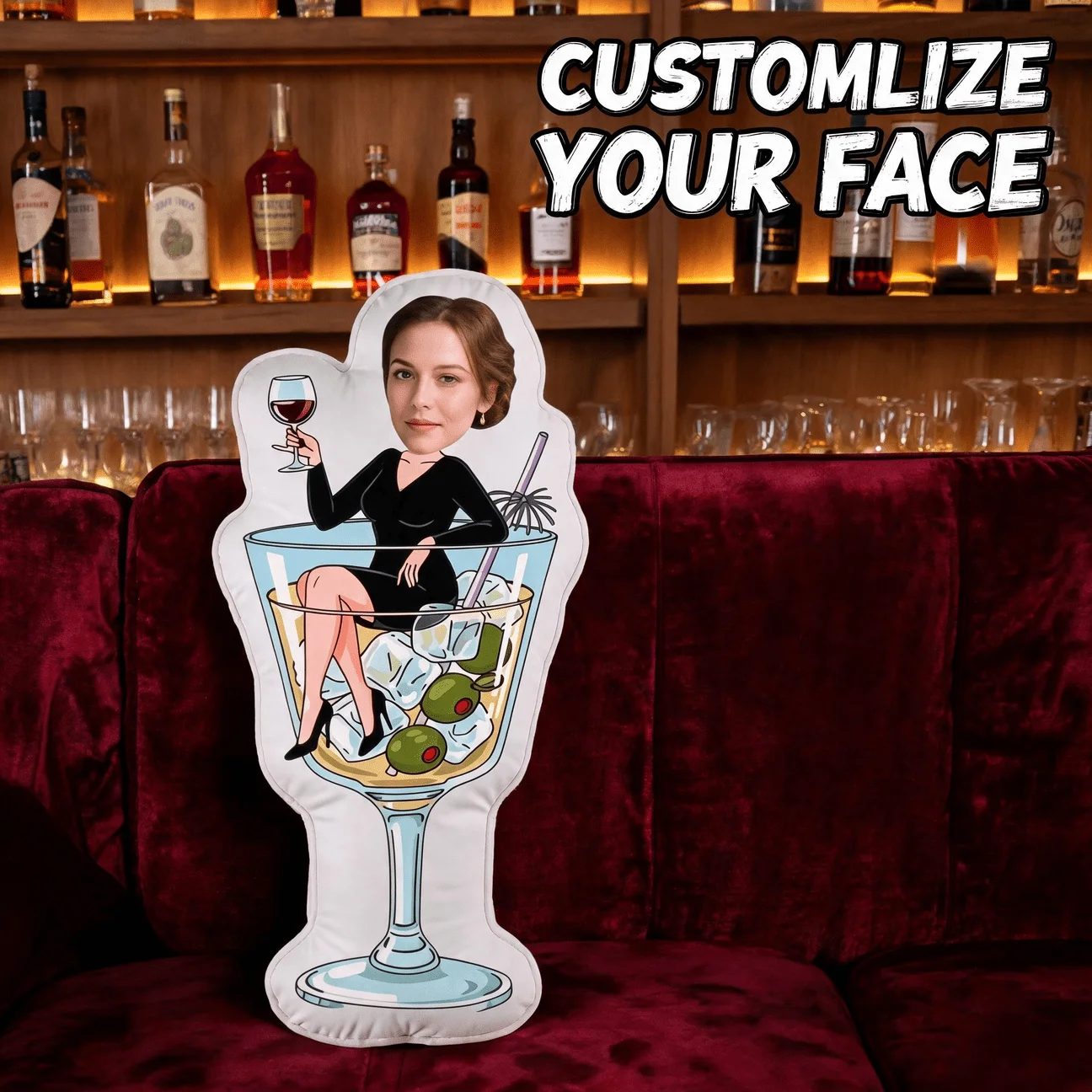 Custom Face Cocktail Glass Shaped Pillow, Personalized Photo Woman in Martini Decorative Cushion, Funny Home Decor Accent for So