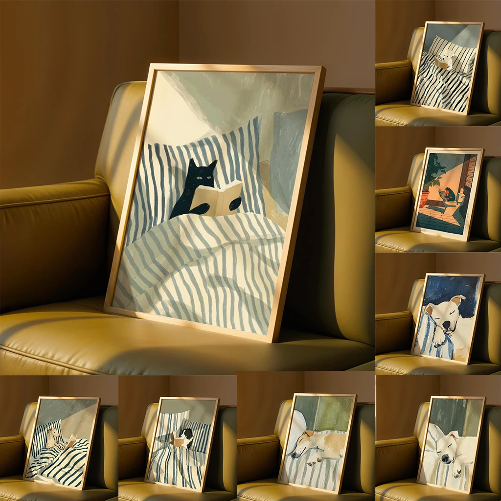 Fun Pet Striped Bed Decoration Painting, Fresh Illustration Style Canvas Painting, Healing Bedroom Poster