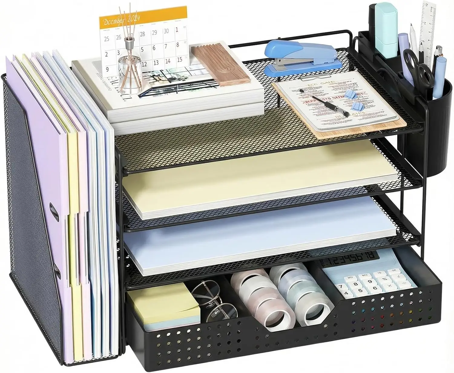 

4-уровневый настольный органайзер с держателем для файлов, ящиком и подставками для ручек для хранения на рабочем столе, черный