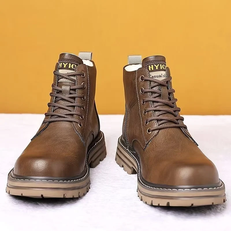 الرجال شتاء جديد جلد عالية أعلى الثلوج الأحذية سميكة وحيد عدم الانزلاق مقاوم للماء أفخم الدافئة الدانتيل يصل كعب منخفض أحذية العمل الأحذية القطنية