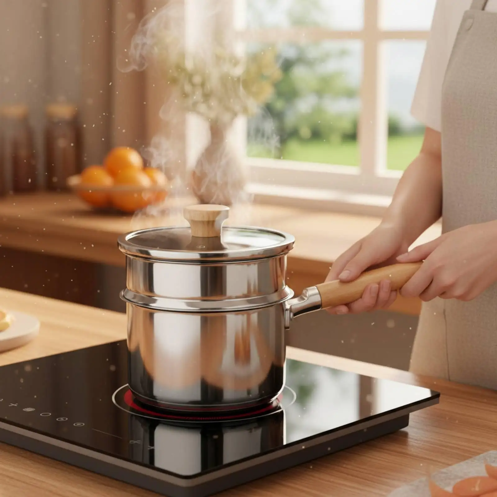 316 Stainless Steel Pot Double Bottom Lidded Milk Pan Thickened Single Handle
