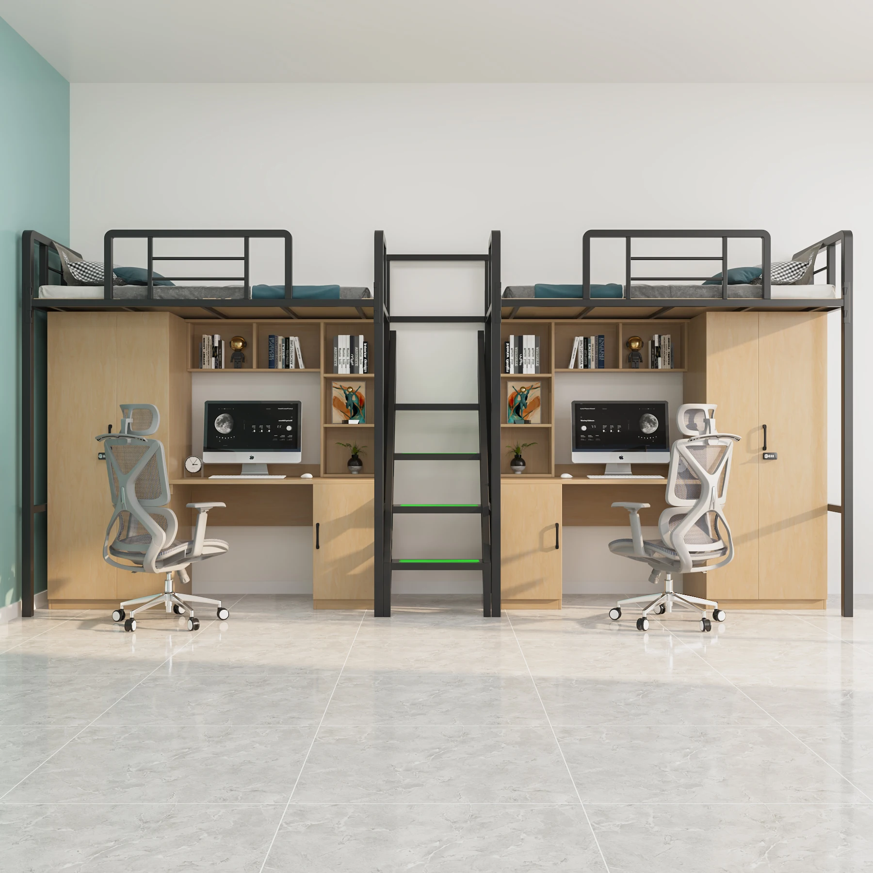 Modern Metal & Wood Loft Bed Student Dormitory Bunk Bed with Study Table Bookshelf and Closet for School  Apartment