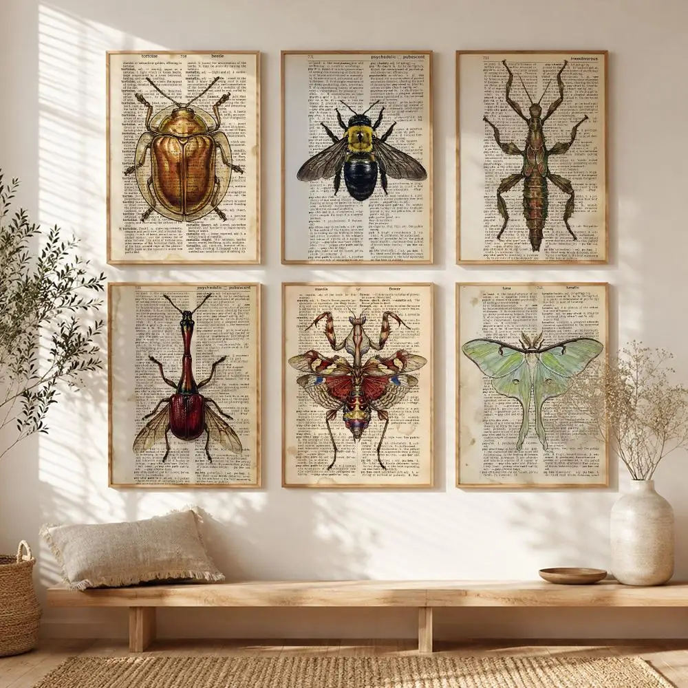 Vintage Insect Illustrations Poster Stickers HD Painting Self-Adhesive Art for Bedroom Living Room Home Decor Wall Decals Gift