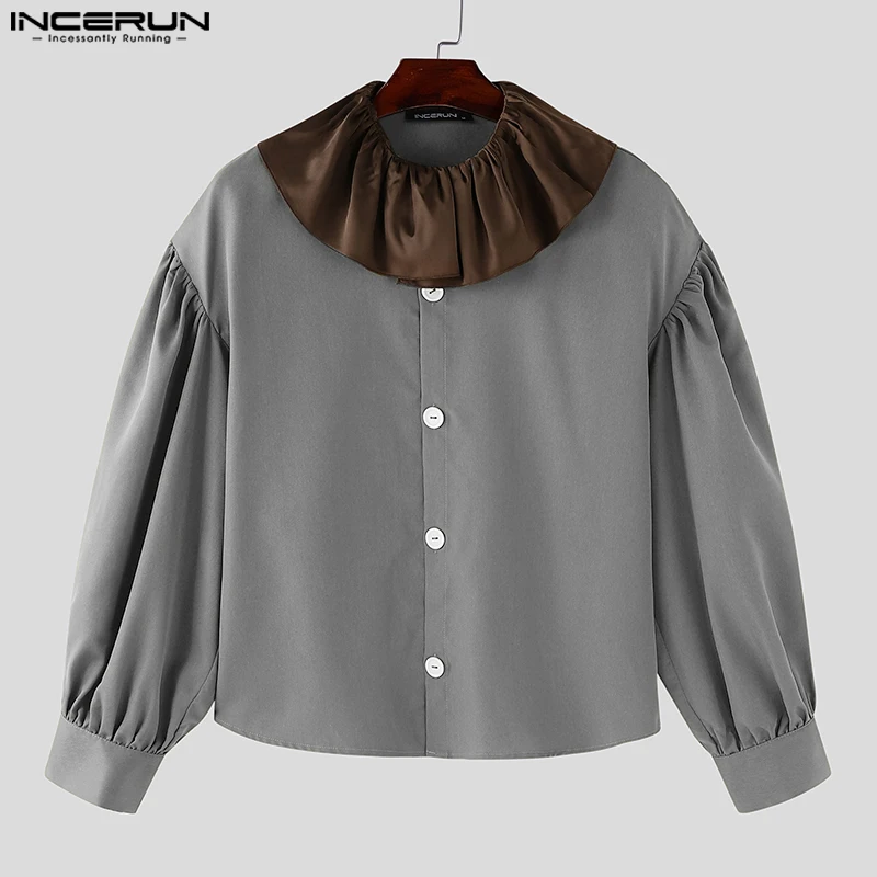 INCERUN-Tops informales de estilo americano para hombre, camisas con empalme de Color contrastante y cuello con volantes, blusa holgada Retro de manga larga 2024