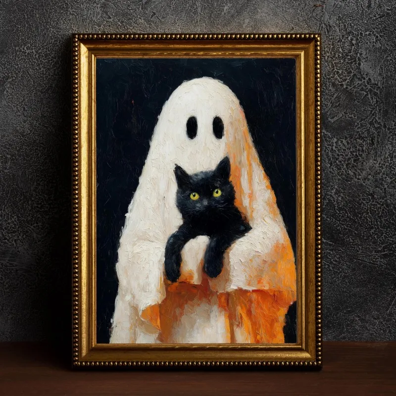 Ghost Holding Black Cat Wall Art Print Dark Vintage Style Cute Spooky Halloween Fall Pet Lover Home Decor Unframed Canvas