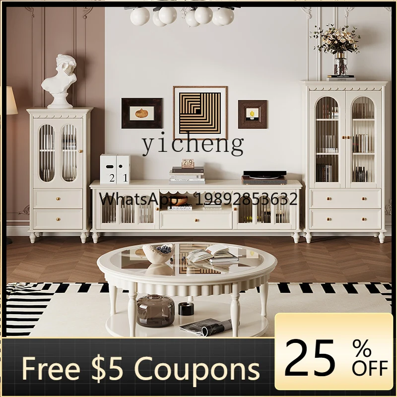 

retro solid wood round coffee table living room household double storage glass tea table TV cabinet