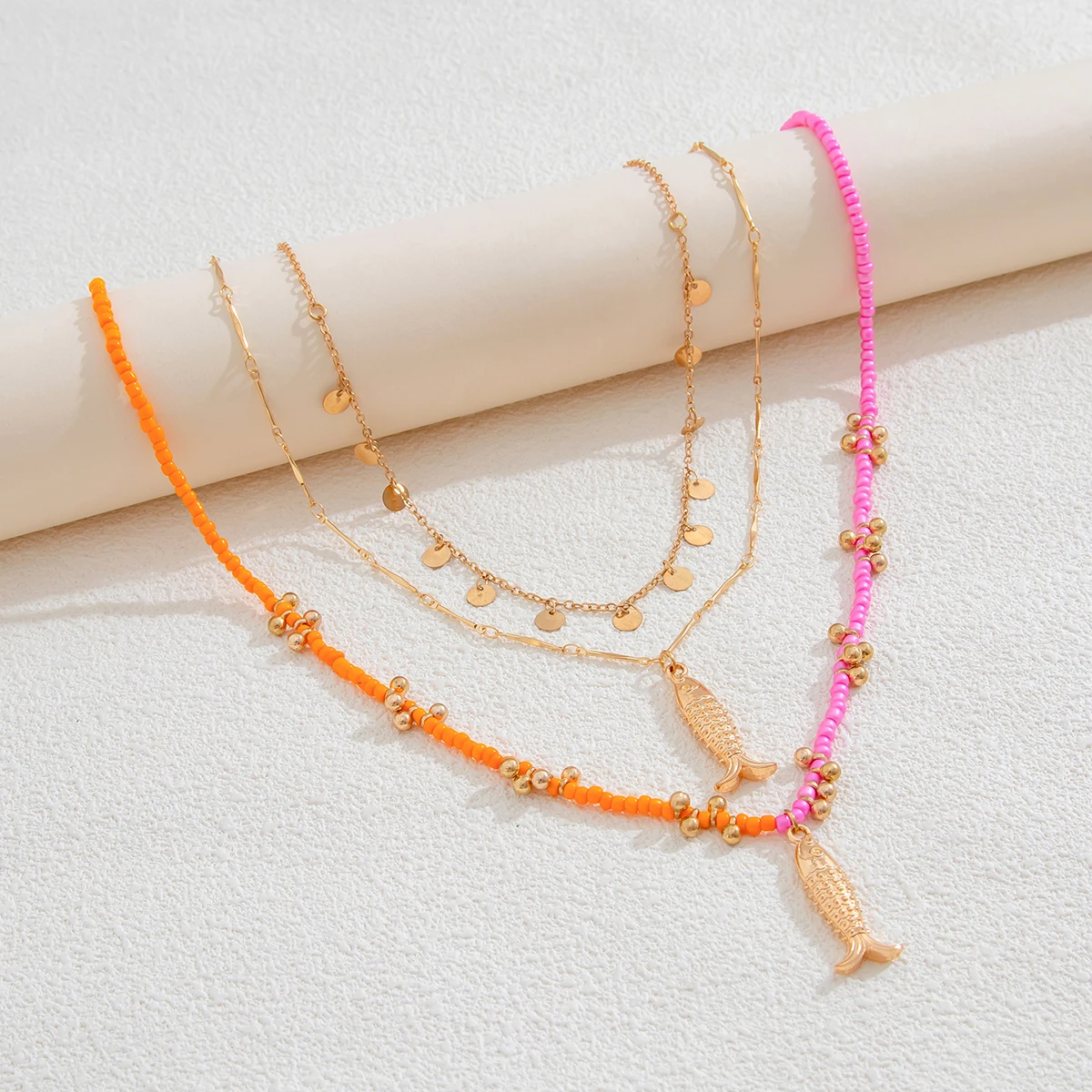 Ingemark 3Pcs/Set Bohemian Colorful Seed Bead Chain Necklace for Women Vintage Metal Fish Pendant Choker Y2K Jewelry Accessories