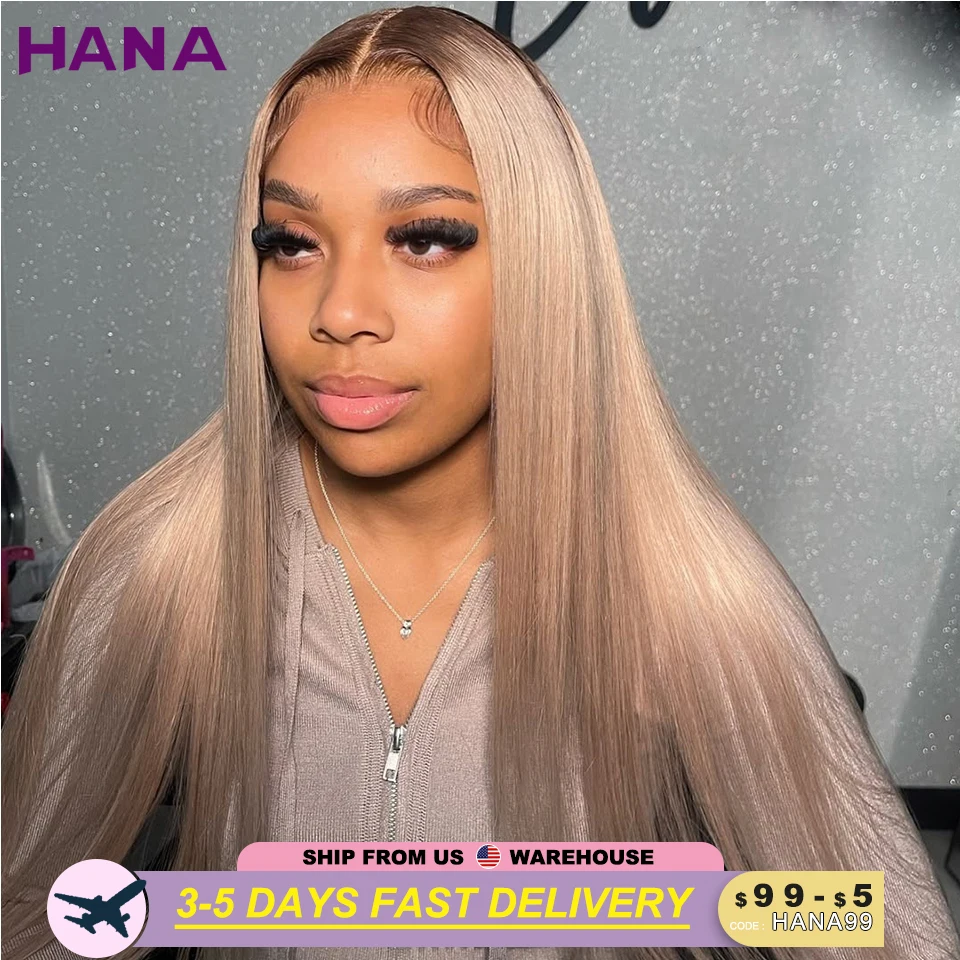 

Brown Roots Ash Blonde Straight 13X4 Lace Frontal Wig Transparent Lace 180% Density Ombre Blonde Color Human Hair Wigs For Women