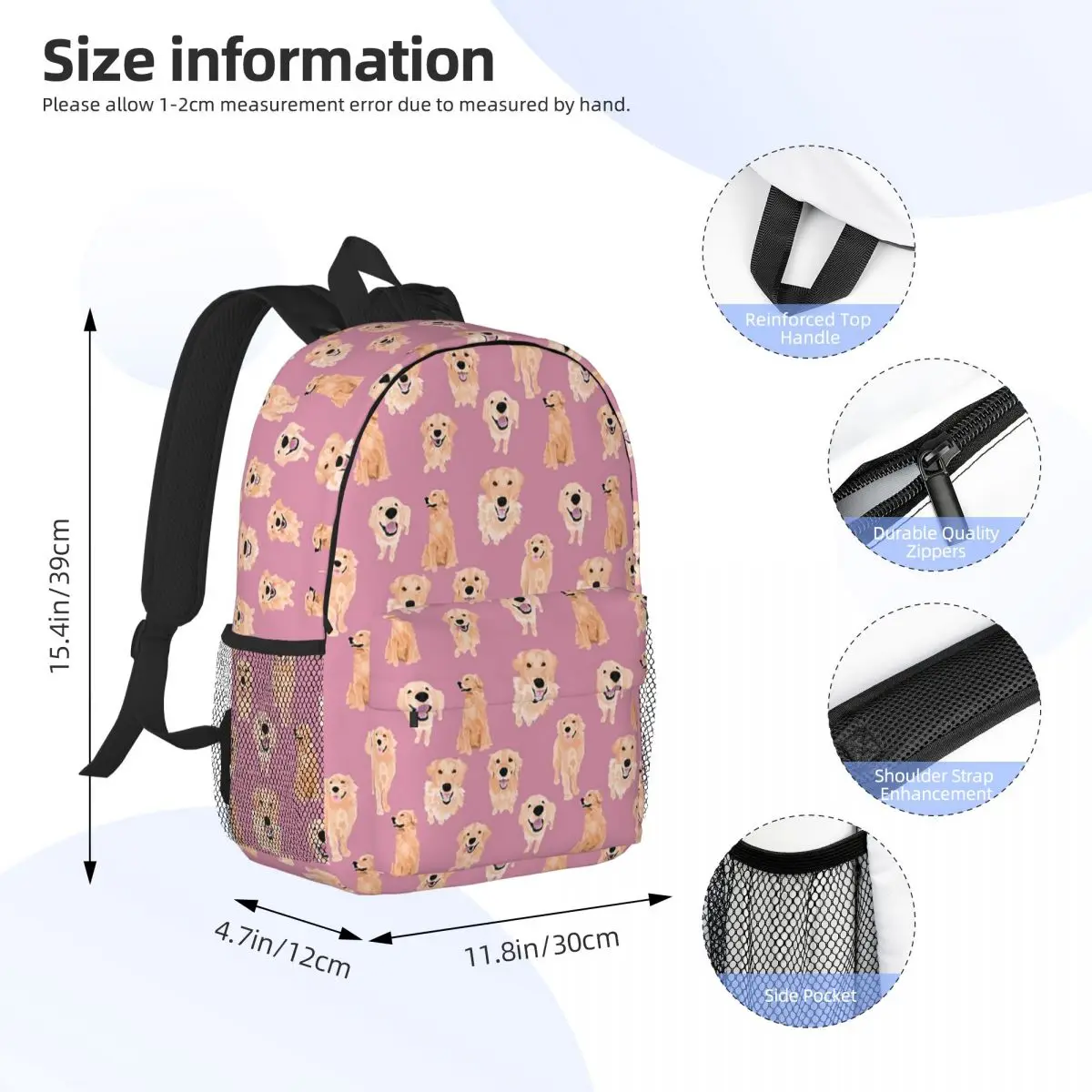 Sac à dos Golden Retrievers On Pink pour adolescent, cartable d'école pour enfants, sac à dos de voyage, sac initié, grande capacité, mode