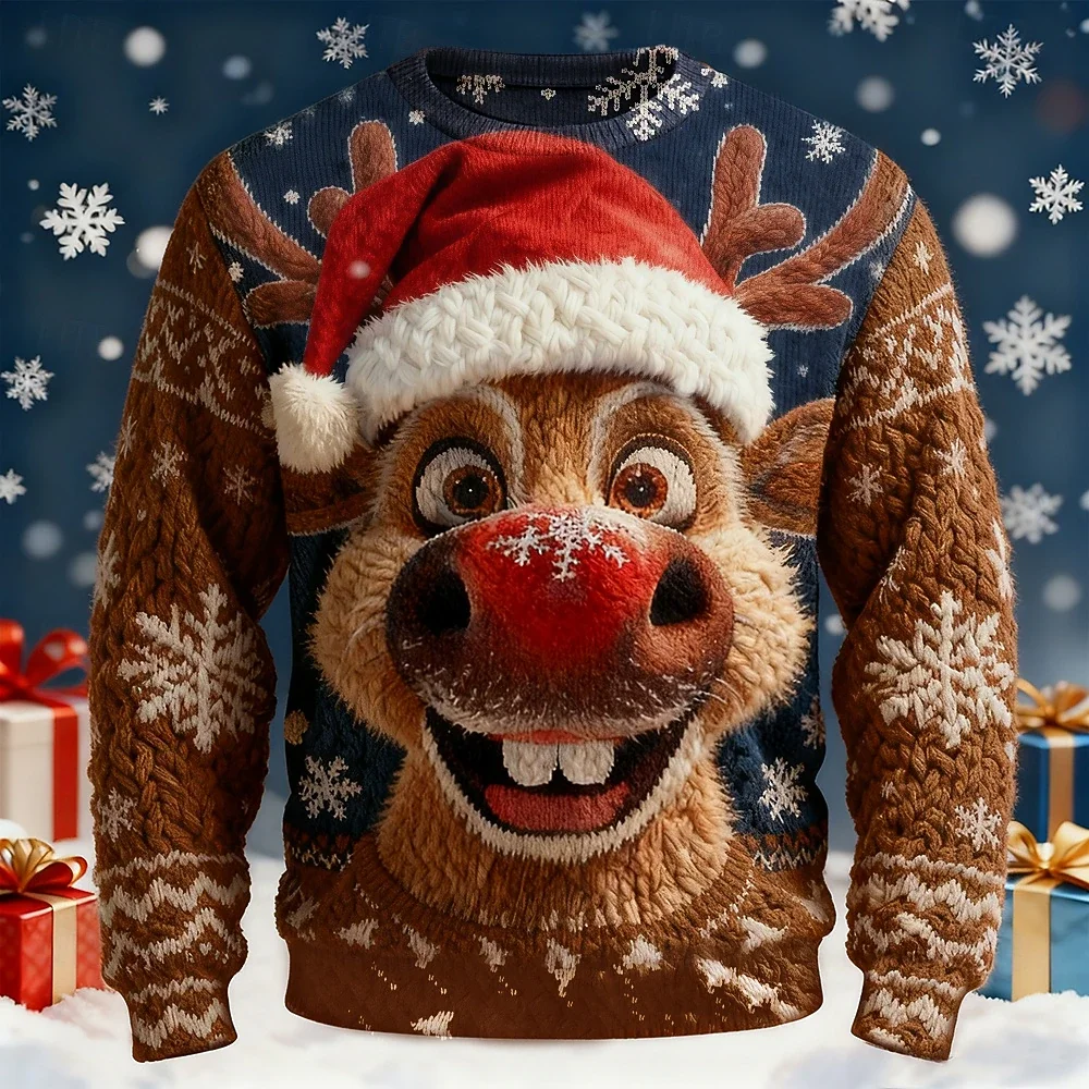 

Christmas Elk Print Sweatshirts For Men Fall Long Sleeve Pullover Casual O-neck Men's Tops Oversized Hoodie Tees X'mas Clothing