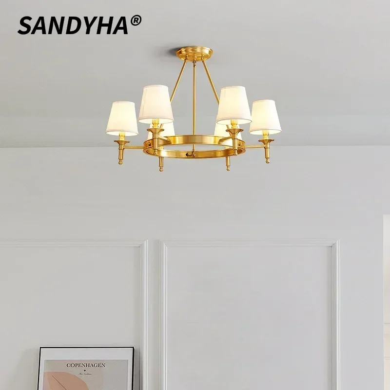 

SANDYHA Nordic Modern Chandelier Copper Fabric Art LED Lamp for Bedroom Dining Table Living Room Villa Home Decoration Lighting