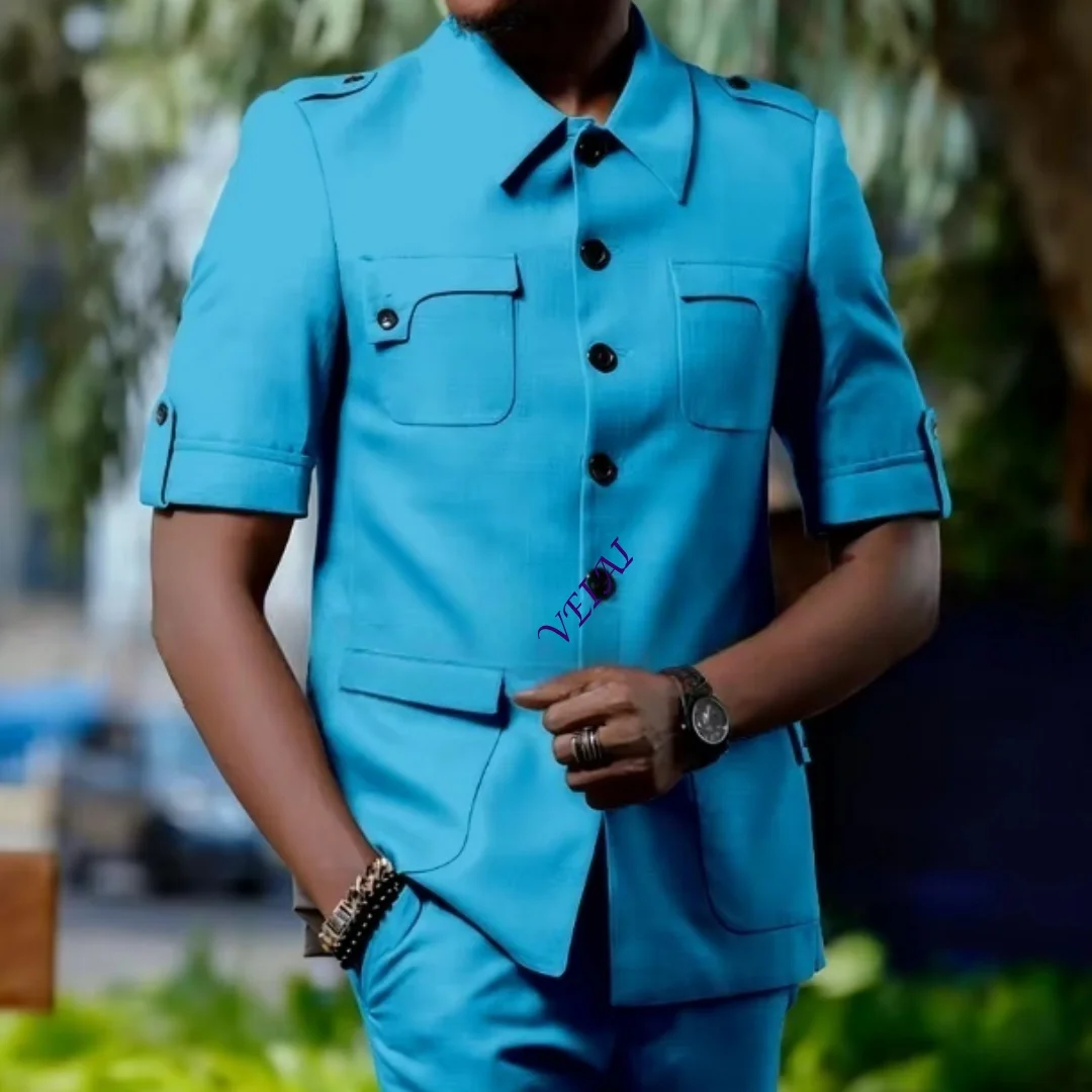 Customized Blue Single Breasted Men's Suit Two-Piece Set Casual Party Prom Wedding Outfit Jacket Pants