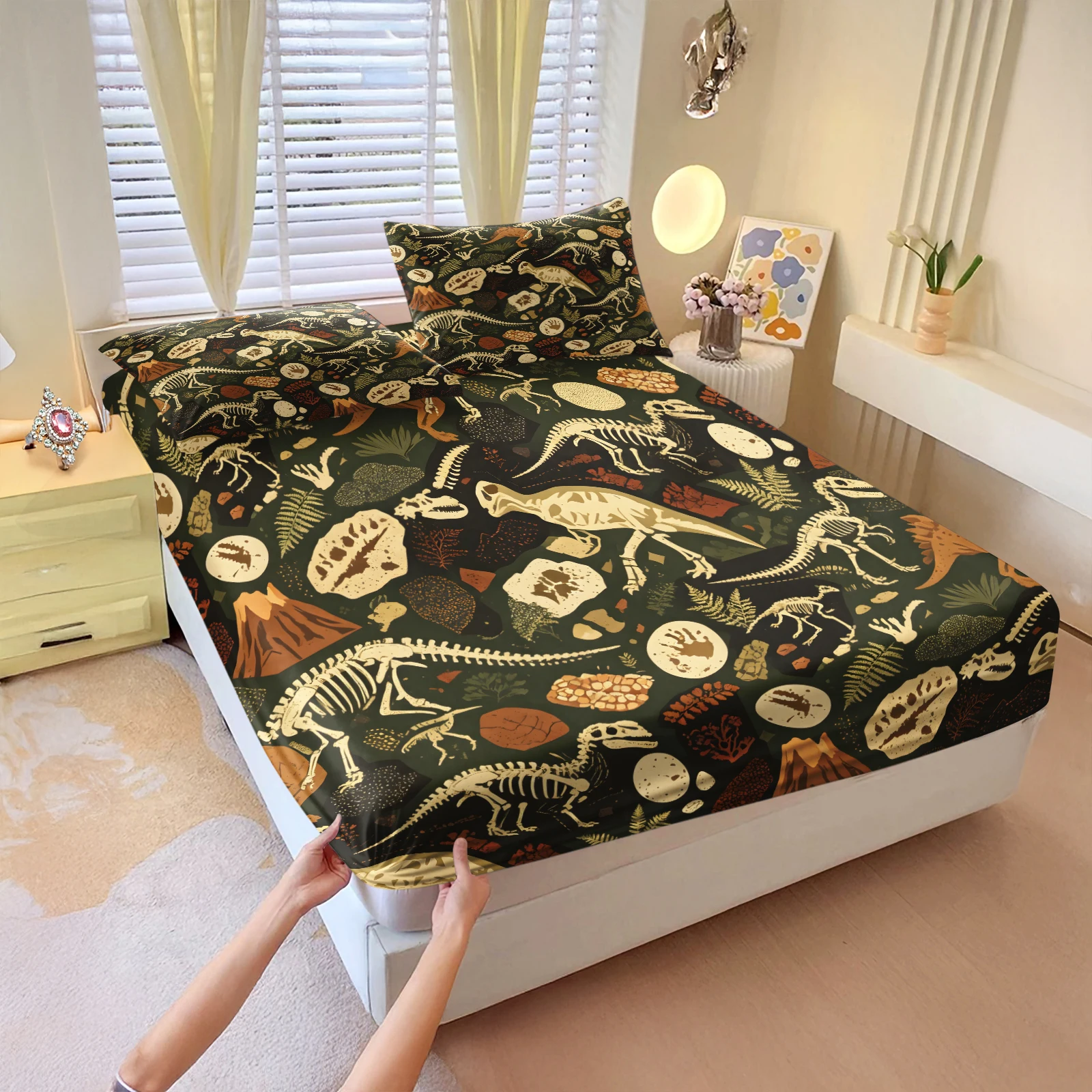 Dinosaur Fossil Skeleton Fitted Sheet Set Vintage Jurassic Bone Fern Volcano Print Surround Elastic Deep Pocket Mattress Cover