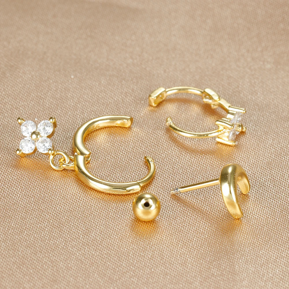 Vintage Gold Color Zircon Flower Pendant Hoop Earrings Set for Women Stainless Steel Fashion Huggies Piercing Jewelry aretes