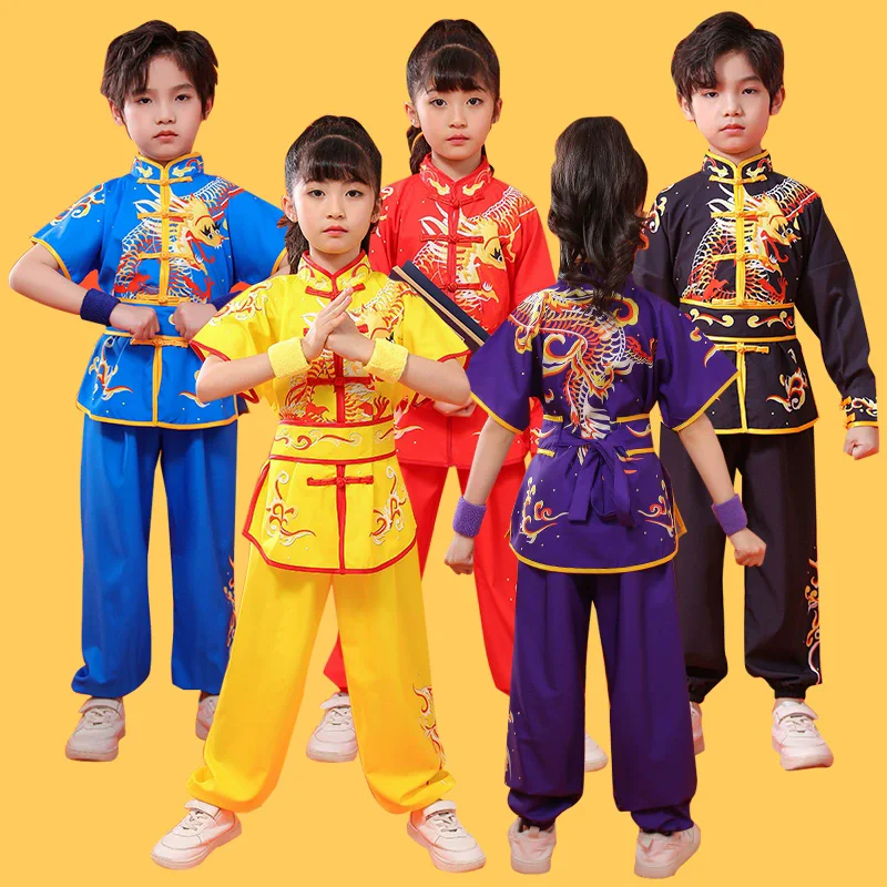 2024 chinese children tai chi wushu clothing martial arts suit kung fu uniform wing chun shaolin dragon print vintage kungfu set