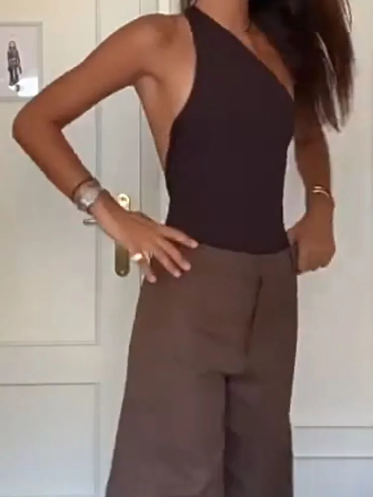 Women Fashion Streetwear Solid Color 2Pc Suits Elegant Hollow Out Sleeveless Sets Sexy Slant Shoulder Tops & Long Pant Outfits